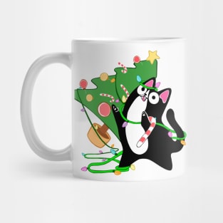 Christmas Tuxedo Cat knocks over tree funny holiday kitty Mug